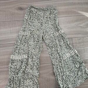 Love Wish Boho Wide Leg Pants Green Ikat Crochet Trim Festival Palazzo - Size M